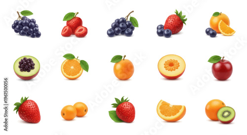 Collection of various fresh fruits including grapes, strawberries, blueberries, oranges, peaches, apples, and kiwi on white background for healthy lifestyle and food design