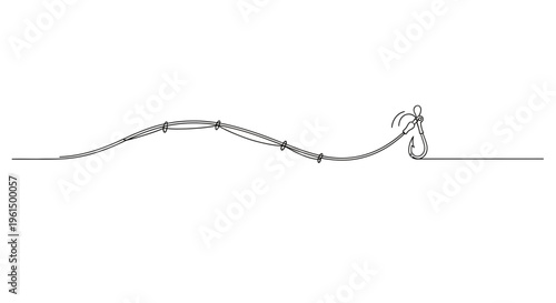 Minimalist continuous line art drawing of a fishing line with a hook for outdoor angling sport