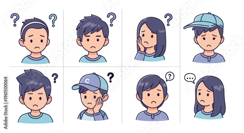 Confused and worried young people cartoon avatars with question marks and speech bubbles, uncertain emotions illustrations for communication and mental health