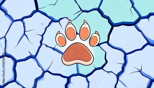 Cartoon animal paw print on a surface with abstract blue cracks and light background.