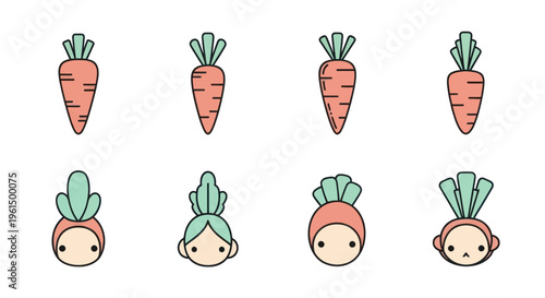 Cute cartoon carrots and characters with carrot tops, simple vector illustrations for kids, education, and fun design projects