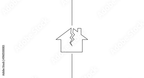 Minimalist Line Art Illustrating a Fractured House Symbolizing Property Damage, Marital