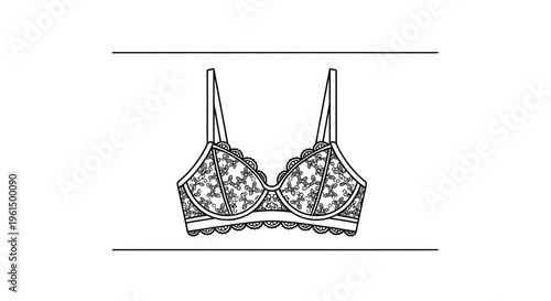 Detailed black and white line art illustration of a delicate lace bra design for fashion projects