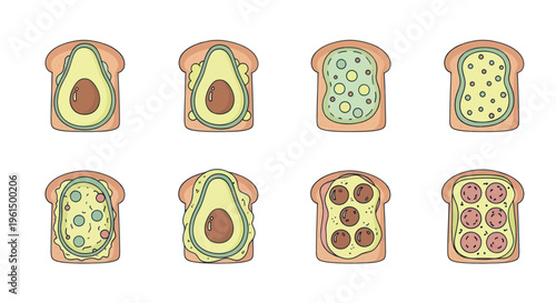 Illustration of various slices of toast with avocado and different toppings in a flat lay composition, perfect for healthy food or breakfast content