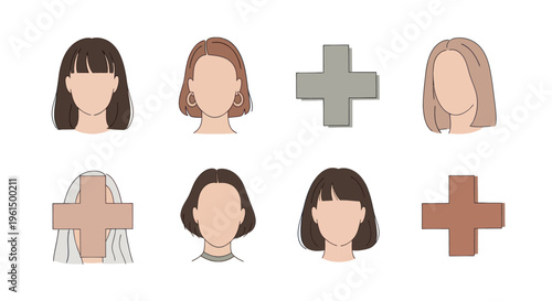 Minimalist faceless female portraits with varying hairstyles and colored plus signs, ideal for health, medical, or teamwork concepts