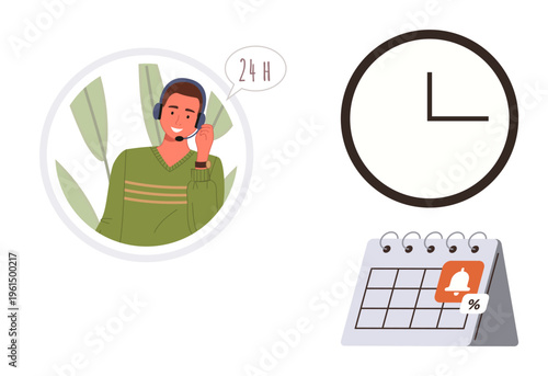 Customer service, time management, scheduling, support availability, productivity, punctuality. A customer service ative with headset, clock symbol and calendar. Customer service and time management