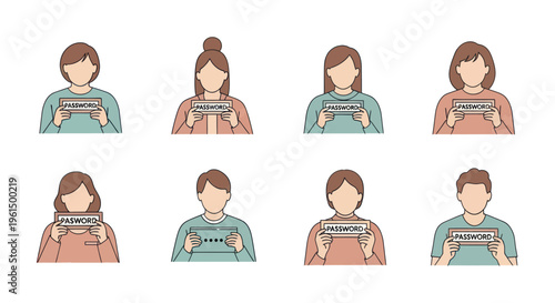 People holding password signs and security concept illustrations for online safety and data protection, digital privacy and cybersecurity awareness images