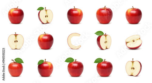 Red apples whole and sliced with leaves isolated on white background, fresh healthy fruit collection for food and nutrition design