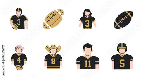 Set of American football players and footballs in flat design, male and female sports avatars in black and gold uniforms, perfect for sports or team illustrations
