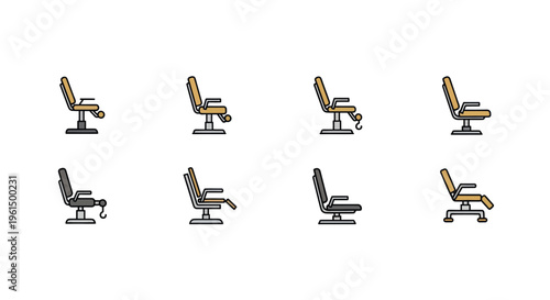 Set of barber chair icons in different styles and positions, ideal for salon, barbershop, and beauty industry designs