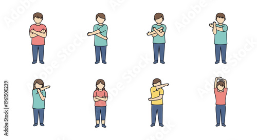 Set of cartoon people performing arm stretching exercises for fitness and flexibility on white background, healthy lifestyle illustration for workout