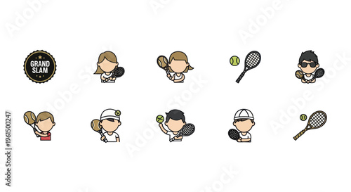 Set of cartoon tennis players and equipment icons with grand slam badge, ideal for sports and tennis-related graphic projects