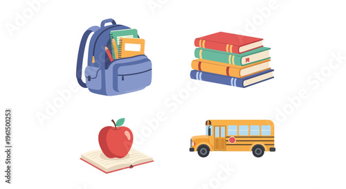 Set of colorful school icons including backpack with notebooks, stack of books, apple on open book, and yellow school bus, ideal for education and learning themes