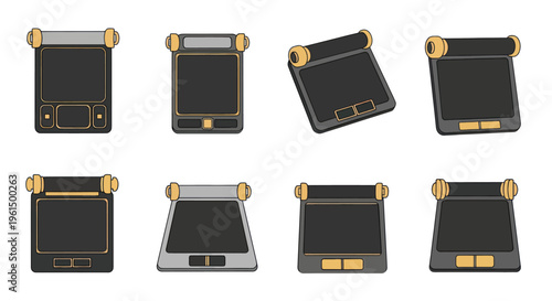Set of digital drawing tablets icons with stylus holders, creative tools for artists and designers, digital art and design illustration