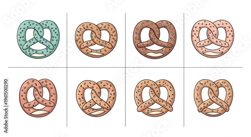 Set of eight colorful pretzels with various seed toppings on a white background, perfect for bakery and food design projects