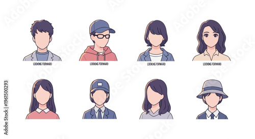 Set of faceless anime style avatar illustrations with diverse hairstyles and clothing, perfect for profile icons and social media use