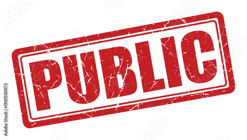 Red rubber stamp imprint of word PUBLIC on transparent background, grunge effect for design