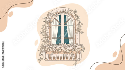 Elegant arched window with white curtains is surrounded by climbing vines and a flower box filled with blossoms.