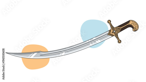 Decorative scimitar with a curved silver blade and an ornate gold and black hilt displayed on a stylized background.