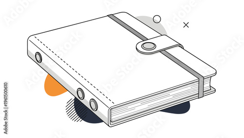 Modern grey business notebook or planner with an elastic closure strap and metallic accents on a stylized background.