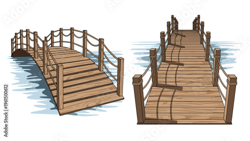 Set of two wooden garden bridges with rope railings shown from a side angle and a straight forward perspective.