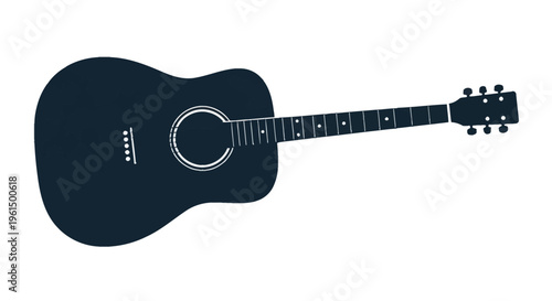 Dark blue silhouette of an acoustic guitar isolated on a plain white background, showing detailed fretboard with markers, tuning pegs, bridge, and decorative soundhole rings in flat vector style.