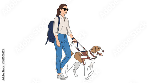 Visually impaired woman wearing sunglasses walks with a loyal service dog wearing a harness on a white background.