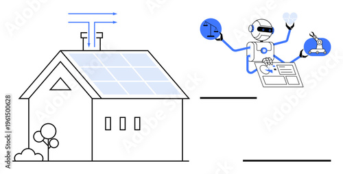 Smart homes, renewable energy, artificial intelligence, sustainable technology, eco-friendly living, innovation. A house features solar panels alongside a robotic assistant. Smart homes and renewable