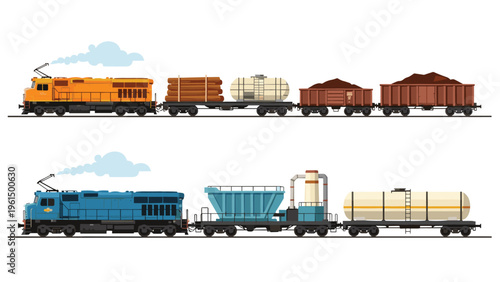 Two long freight trains with various cargo cars including logs, oil tankers, and open containers for bulk materials.