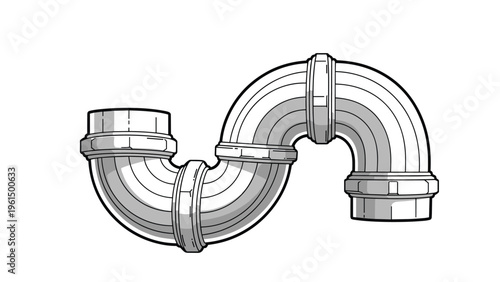 S-shaped silver metal plumbing pipe with threaded connectors and joints is shown from a side view on a white background.