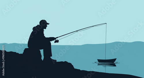 Vector silhouette of a fisherman sitting on a rock holding a fishing rod with a line in the water near a small boat, featuring a scenic landscape of hills and a pale blue sky.