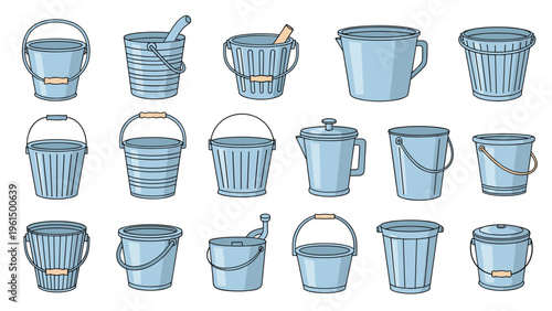 Assortment of fifteen different metal and plastic buckets with various shapes, handles, and lids is displayed in a grid.