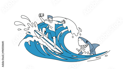 Excited male surfer takes a selfie with his phone while riding a big blue wave as a hungry shark approaches in the background.