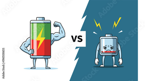 Humorous comparison between a strong full battery character and an exhausted empty battery character displays energy levels.