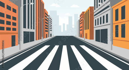 Flat vector illustration of an urban city street featuring a wide zebra pedestrian crosswalk in the foreground, orange and gray buildings, street lamps, and a distant skyline.