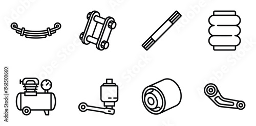 Set of auto parts and details for cars suspension system spring shock absorber