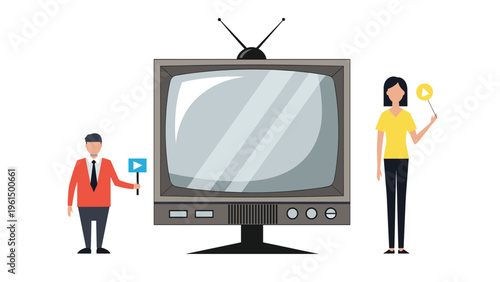 Man and woman stand next to a large retro television set while holding video play and broadcast icons to represent mass media.