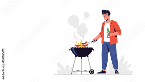 Cheerful man in casual clothes grills sausages on a round black barbecue grill while holding a green bottle at a picnic.