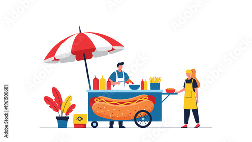 Busy hot dog stand with a vendor serving a customer is set up under a red and white striped umbrella on a city sidewalk.