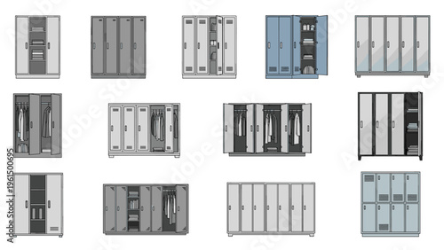 Large collection of various metal lockers and storage cabinets in different configurations and colors is displayed in a grid.