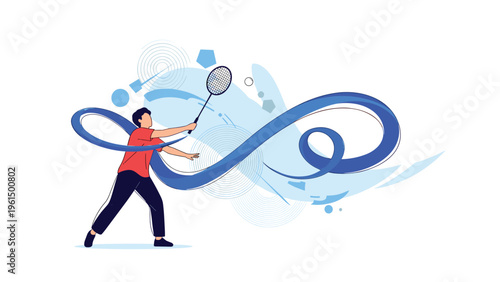 Athletic man playing badminton with a racket is surrounded by abstract blue swirls and geometric patterns on white background.