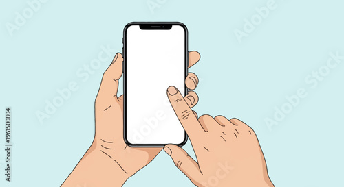Illustration of hands holding a smartphone with a blank white screen and an index finger touching the display, flat vector style on a light blue background for mockup design.