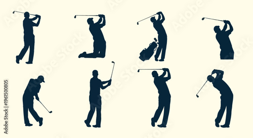 Collection of eight dark blue silhouettes featuring male golf players in various action poses including full swings, follow-through, and kneeling isolated on a light cream background.