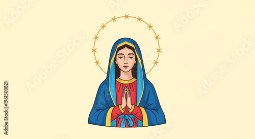Vector illustration of the Virgin Mary in prayer, wearing a blue mantle and red robe with a golden halo of twelve stars, isolated on a pale cream background for religious design.
