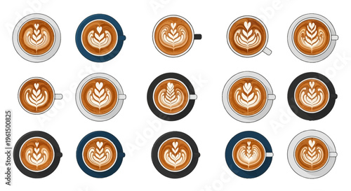 Set of fifteen vector icons featuring coffee cups from a top-down view with various latte art designs including rosettes and hearts in foam, ceramic mugs in white blue and black.