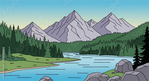 Vector landscape illustration featuring grey jagged mountain peaks, a winding blue river, dense green coniferous pine forest, grassy banks, and grey boulders in the foreground.