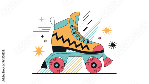 Retro roller skate illustration in vibrant yellow, teal, and pink colors features decorative stars and motion lines.