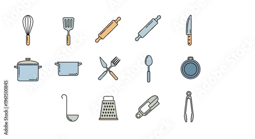 Modern vector icon set of fourteen kitchen utensils and cookware items, including whisk, spatula, rolling pins, knife, stock pot, cutlery, spoon, frying pan, ladle, grater, and tongs.