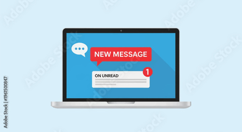 Minimalist vector illustration of a laptop computer showing a red new message speech bubble, a white chat icon, and an unread notification bar with a red badge on a blue screen background.