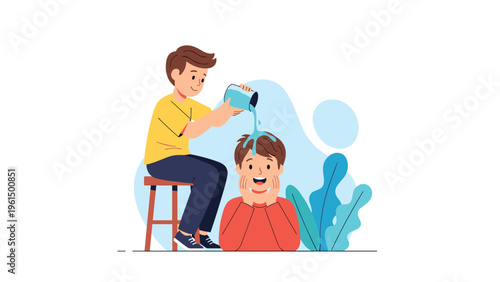 Playful boy sitting on a stool pours water from a mug onto his friends head in a lighthearted summer vector illustration.